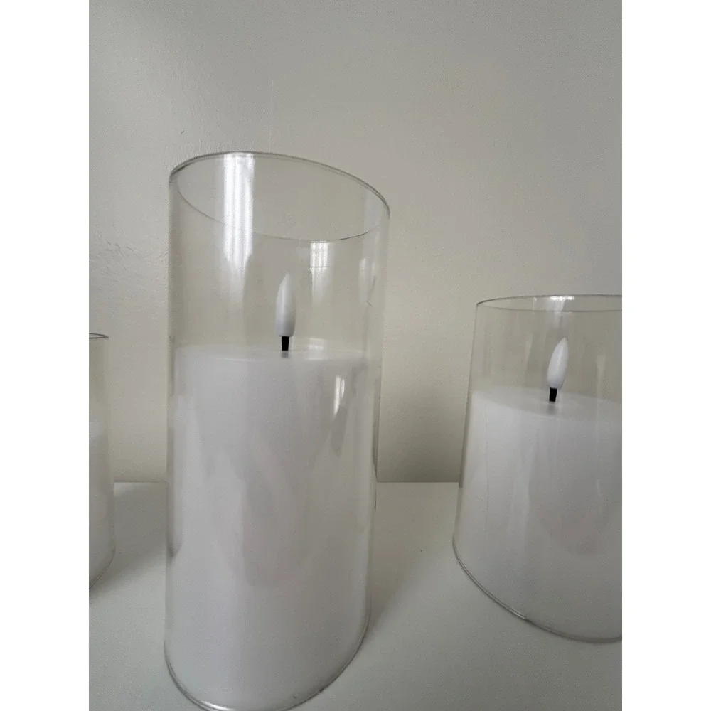 Set of 3 White Flameless LED Pillar Candles in Glass Cylinders Model 880